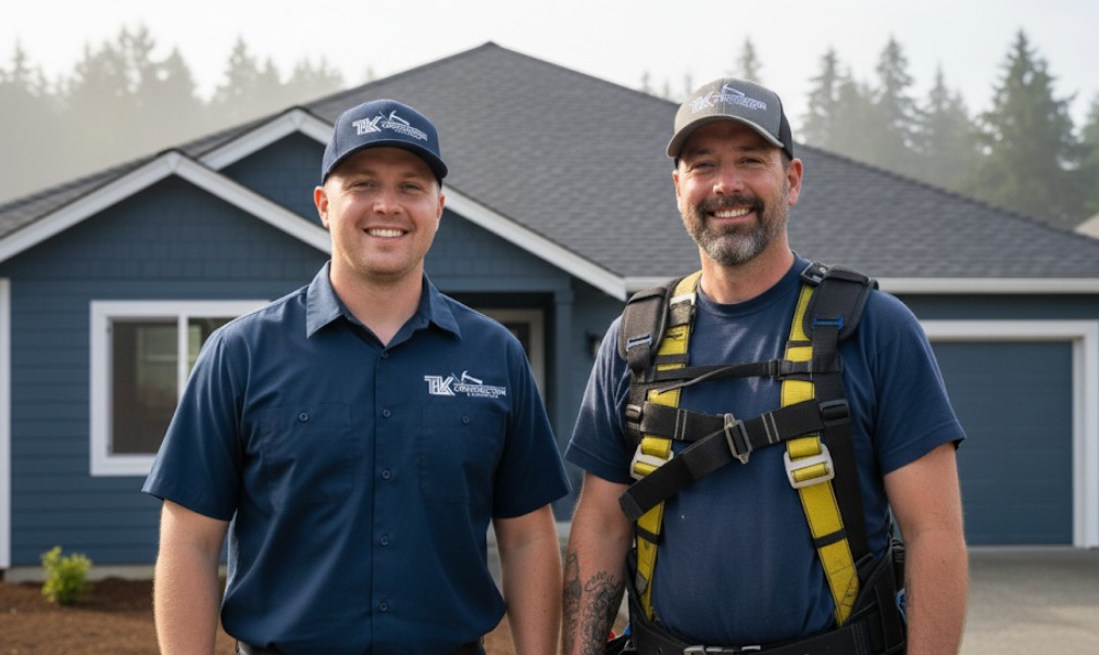 New asphalt shingle roof on a Southwest Washington home, TK Construction crew on site