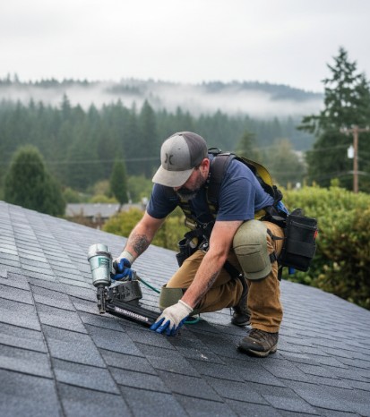 TK Construction installing shingles on a residential roof